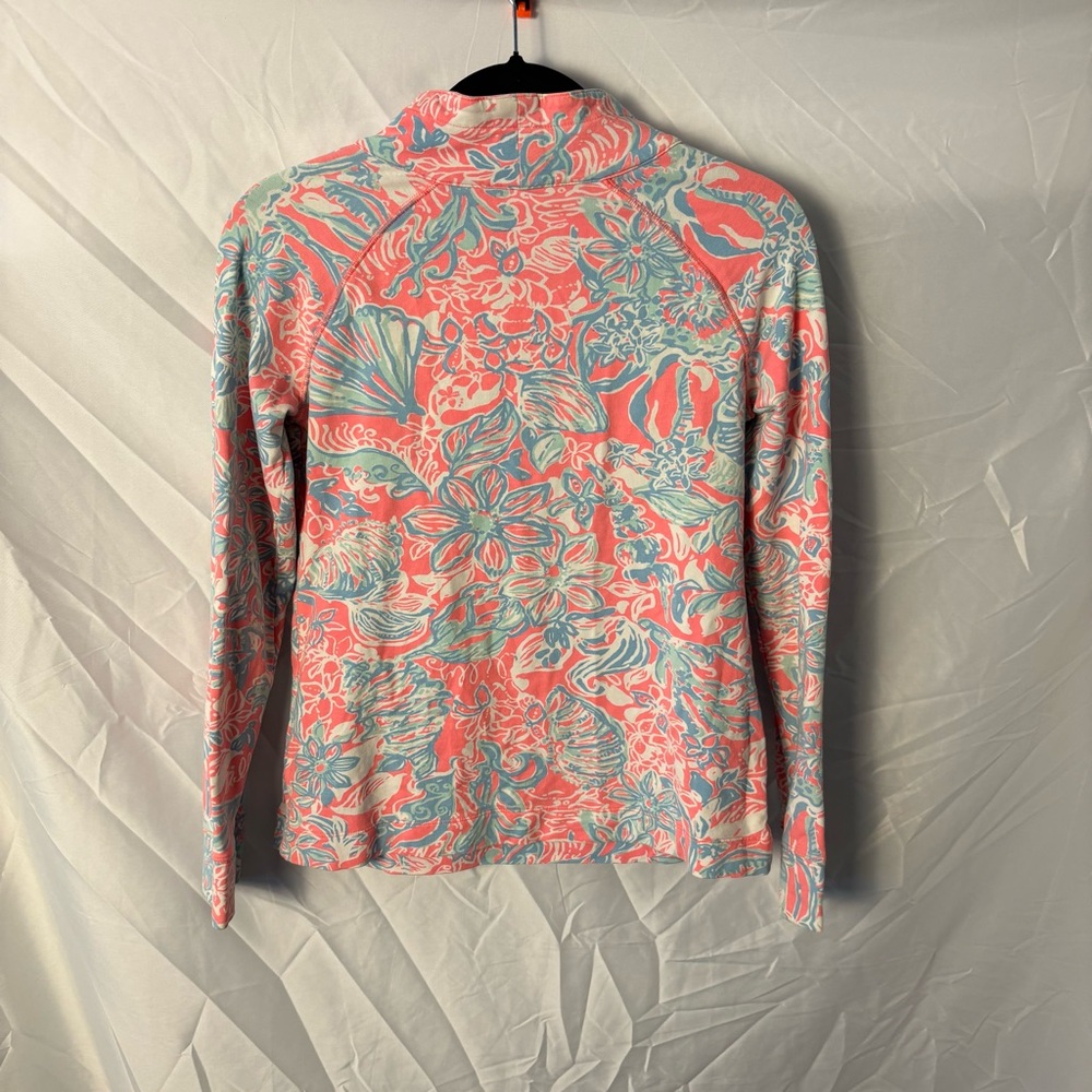 Lilly Pulitzer Coral & Aqua Floral Half-Zip Pullover Palm Tree Zip Detail Sz XS - Picture 4 of 8